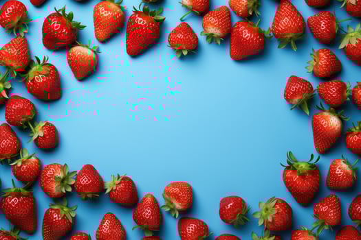 AI generated sweet red ripe strawberry frame on blue background top view, fresh berries template with copy space photo