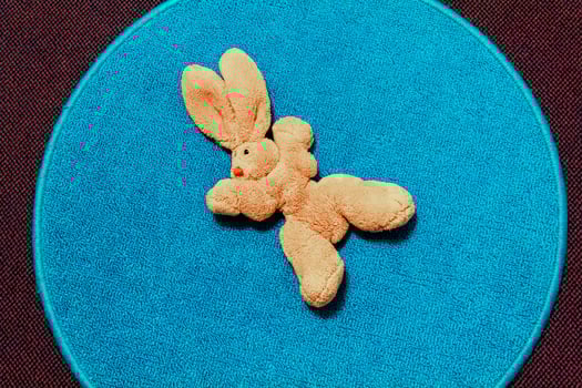 Brown cute bunny stuffed animal on blue background Blanket Germany. photo