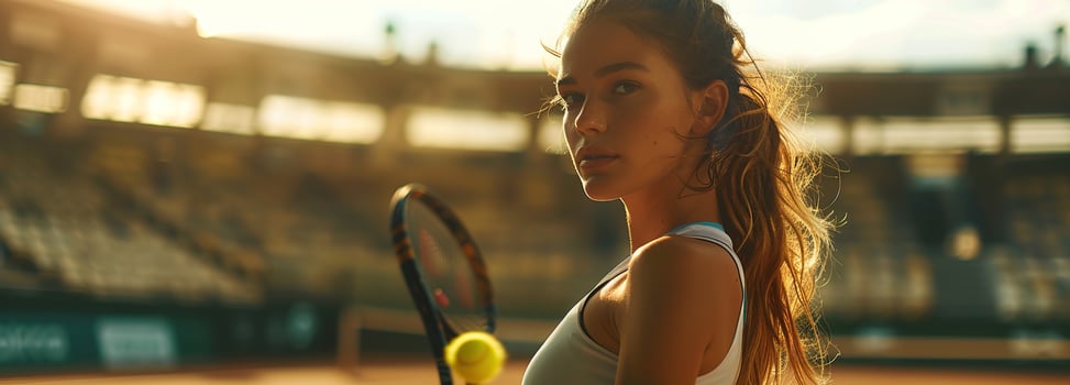 AI generated Professional female tennis player in action at the stadium, the afternoon sun highlighting her focus and precision with the racket photo