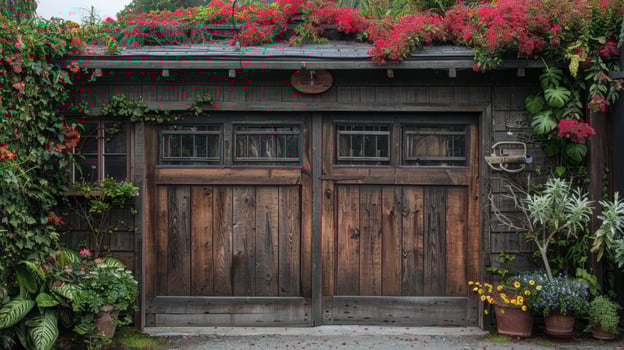 AI generated a wooden garage door with a weathered finish, adding character to a charming country-style home photo