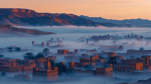 AI generated a desert city in the early morning, with low-rise buildings shrouded in a soft mist photo