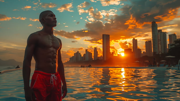 AI generated a lifeguard in red shorts, taking a momentary pause to gaze at the city skyline photo