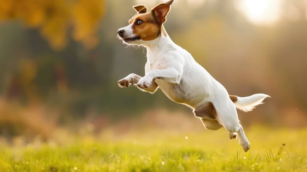 AI generated Domestic dog leaping joyfully into the air with boundless energy and excitement, Ai Generated photo