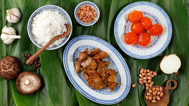 Zongzi Ingredient Preparation, Delicious Traditional Rice Dumpling Food for Dragon Boat Duanwu Festival photo