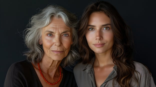 AI generated Portrait of a senior mother and daughter at home. Portrait of a mother and daughter. photo