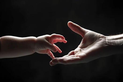 AI generated Mother and child holding hands on dark background, closeup. Mother's day, Family concept photo