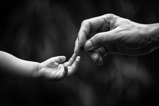 AI generated father and son holding hands, black and white image. Mother's day, Family concept photo