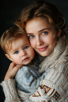 AI generated Portrait of a beautiful young mother with her daughter on a dark background photo