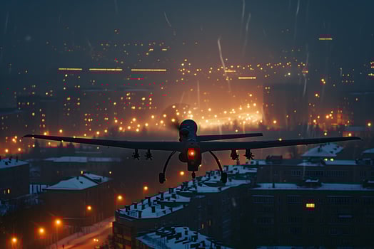 AI Generated Plane drone over burning city at winter night photo