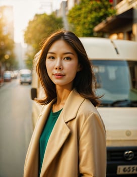 AI generated photo of beautiful asian woman with sunset light near truck and street pavement, generative AI