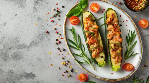 AI generated Plate with meat stuffed zucchini boats on light background. AI photo