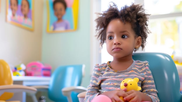 AI generated a little african american girl with an expression of worry and anticipation, sitting in a brightly lit waiting room outside a dentist's office. photo