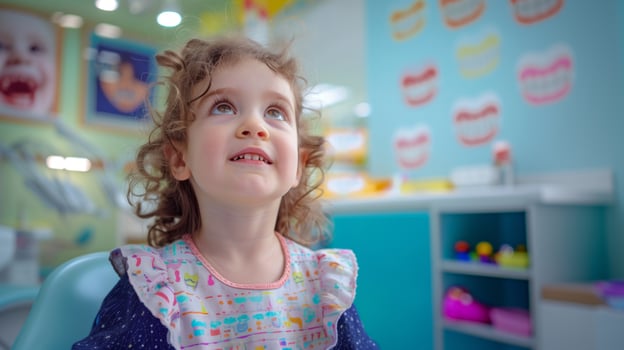 AI generated A caucasian girl look up with an expression of worry and anticipation, sitting in a brightly lit waiting room outside a dentist's office. photo