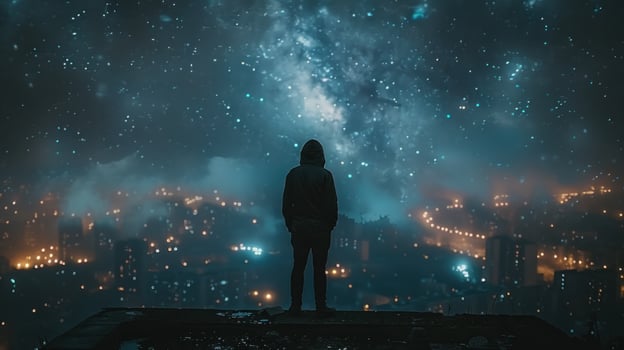 AI generated Person Standing on Hill Overlooking City at Night photo