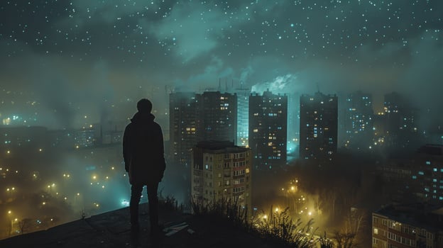 AI generated Person Standing on Hill Overlooking City at Night photo