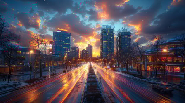 AI generated Vibrant City Street Illuminated at Night photo