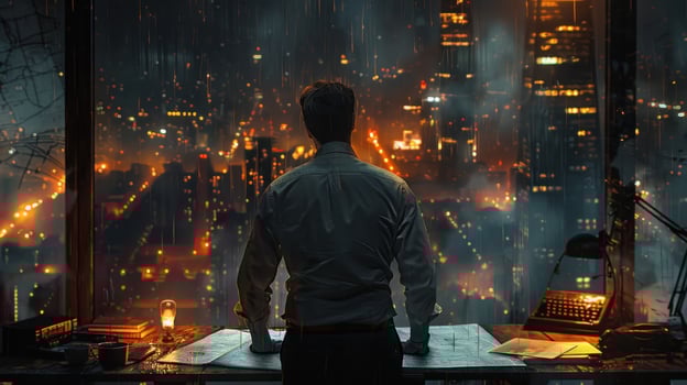 AI generated Man Looking Out Window at City at Night photo