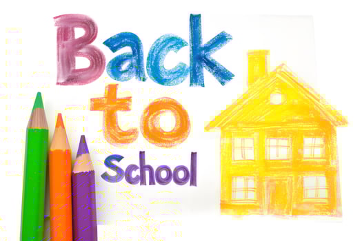 AI Generated Naive children's drawing with colored chalk on white paper, made by hand by a child, text Back to School photo
