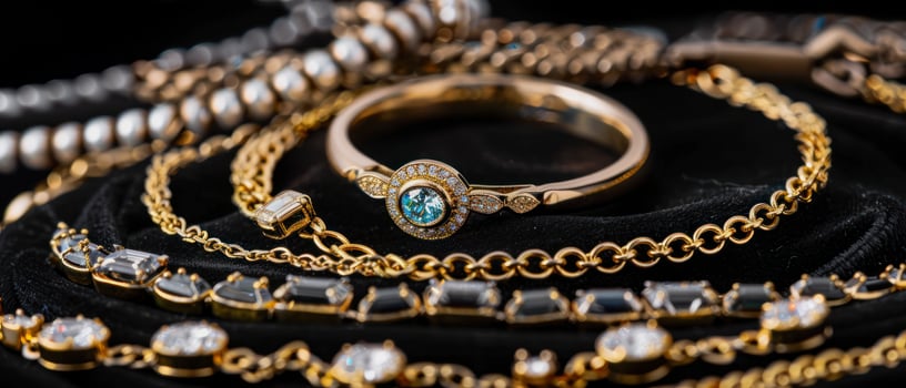 AI generated illustration of diamond-studded gold jewelry with chains and a ring photo
