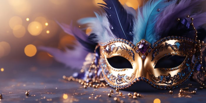AI generated golden vintage style masquerade with a feather on purple background photo