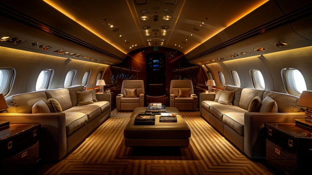 AI generated Inside the Airplane With Couches and Tables photo