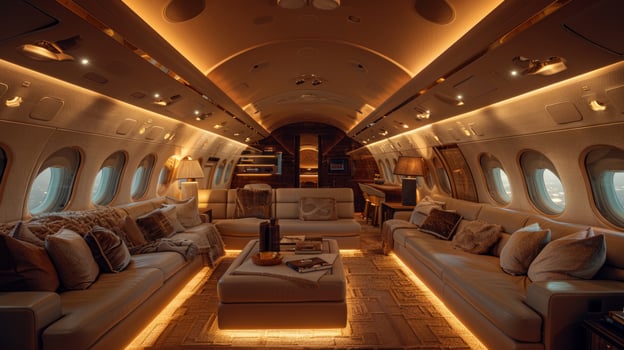 AI generated Inside the Airplane With Couches and Tables photo