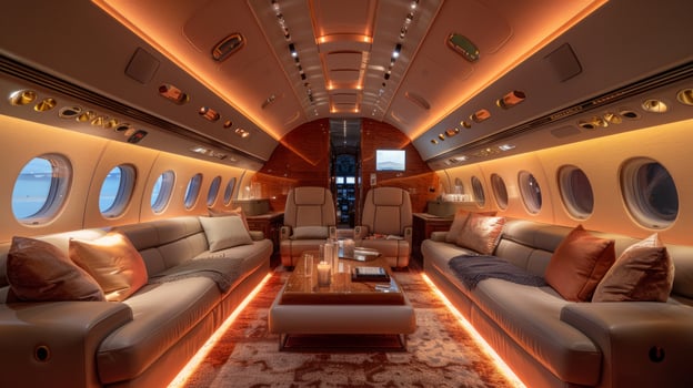 AI generated Inside the Airplane With Couches and Tables photo