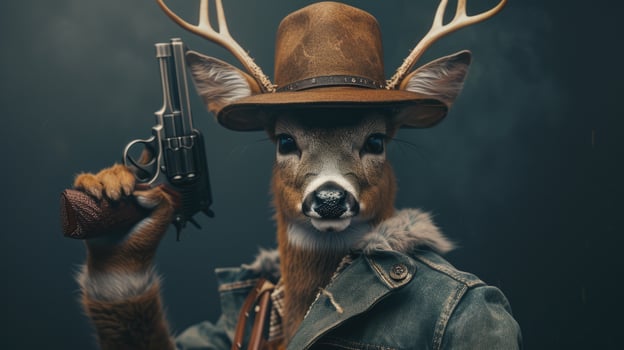 AI generated deer in a stylish hat brandishes a firearm confidently, Ai Generated photo
