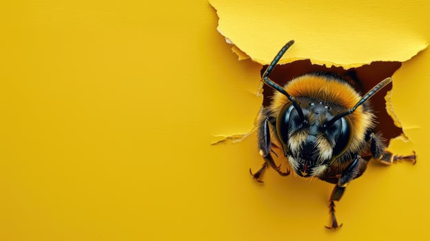 AI generated A humorous bee peers through a ripped hole in a contrast pastel color paper background, Ai Generated photo