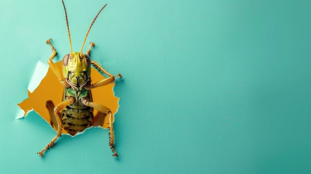 AI generated A humorous grasshopper peers through a ripped hole in a contrast pastel color paper background, Ai Generated photo