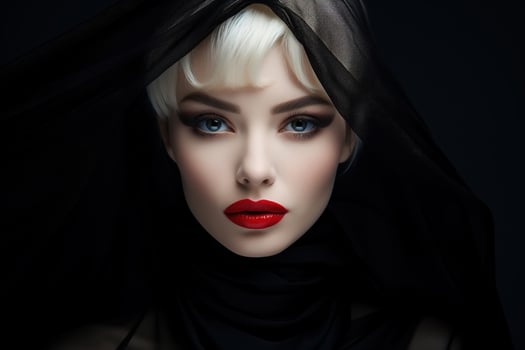 AI generated Female fashion and beauty low key. Portrait of elegant serious young blonde woman with short haircut and red lipstick in black veil looking at camera photo