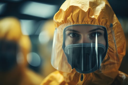 AI generated Team of scientists virologist, woman doctor in biochemical protection yellow uniform and masks indoors, virus pandemic or quarantine photo