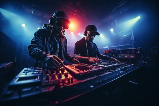 AI generated Music drum and bass festival, two DJs play music on consoles in club photo