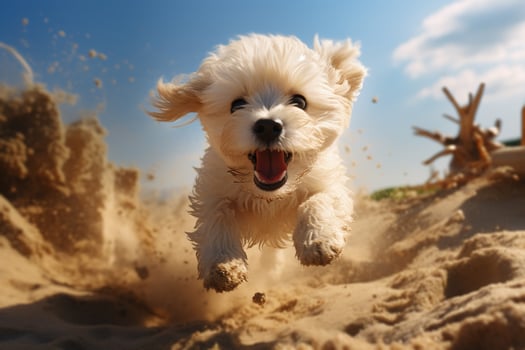 AI generated Cheerful funny playful dog running on sand, white pet on beach on sunny day wide angle view photo