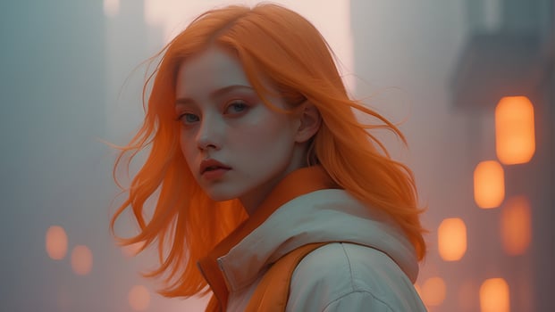 AI generated a woman with orange hair and a white jacket photo