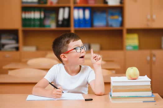 School boy in classroom at lesson photo