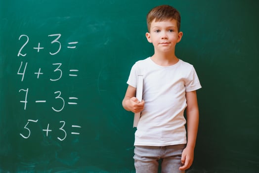 Funny schoolboy near the green school board in the classroom. Elementary school. Back to school. photo