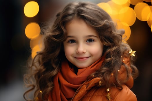 AI generated Portrait caucasian little smiling girl on festive background bokeh garland outdoors, happy new year photo