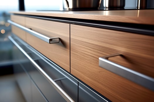 AI generated Perspective brown and gray drawers with handles, kitchen furniture minimalism design. Close-up home decor, selective focus photo