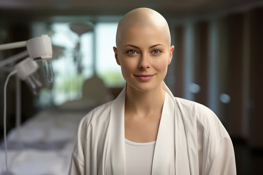 AI generated Positive smiling bald young woman undergoing chemotherapy treatment in hospital room and looking at camera. Tumor cancer disease, medicine concept photo
