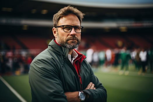 AI generated Serious adult male football instructor at team training at an outdoor stadium, portrait of soccer coach with folded hands on sports field photo
