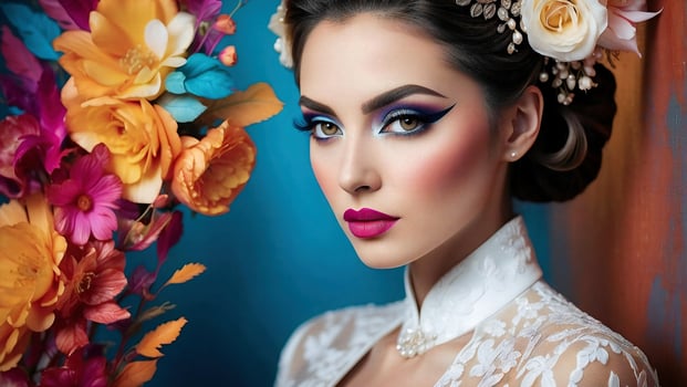 AI generated Beautiful bride with wedding makeup and hairstyle photo