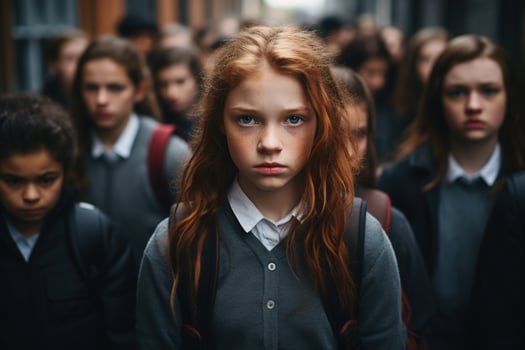 AI generated Sad tired crowd of schoolchildren outdoors, portrait of a Caucasian red-haired schoolgirl with a briefcase looking at camera photo