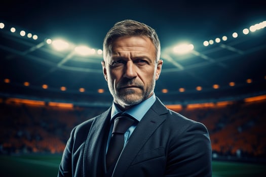 AI generated Portrait of a handsome serious middle-aged man football coach manager in a suit standing at stadium photo