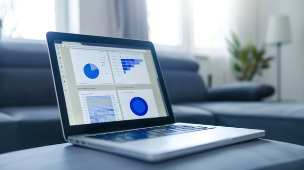 AI generated Efficient Work Environment, Laptop Placed in a Living Room Setting with Data Visualization Displays photo