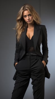 AI generated Vertical Photo of a blond businesswoman in a black suit, standing and looking at the camera