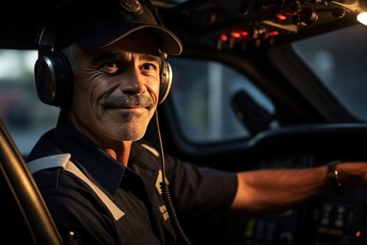 AI generated Portrait of an adult male pilot in headphones sitting at helm inside an airplane photo