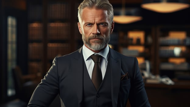 AI generated Serious businessman in office, a stylish middle-aged man in a suit standing inside expensive interiors and looking at camera. Male business portrait photo