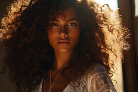 AI generated Dark-skinned, sensual, curly African-American woman looking at camera on a sunny summer evening outdoors. Feminine portrait photo