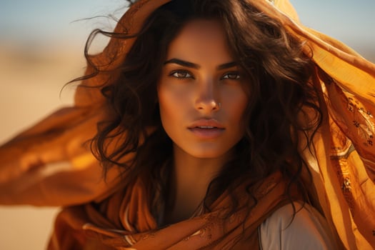 AI generated Portrait of a beautiful arab woman wearing an orange headscarf outdoors, afro american model in desert and looking at camera photo